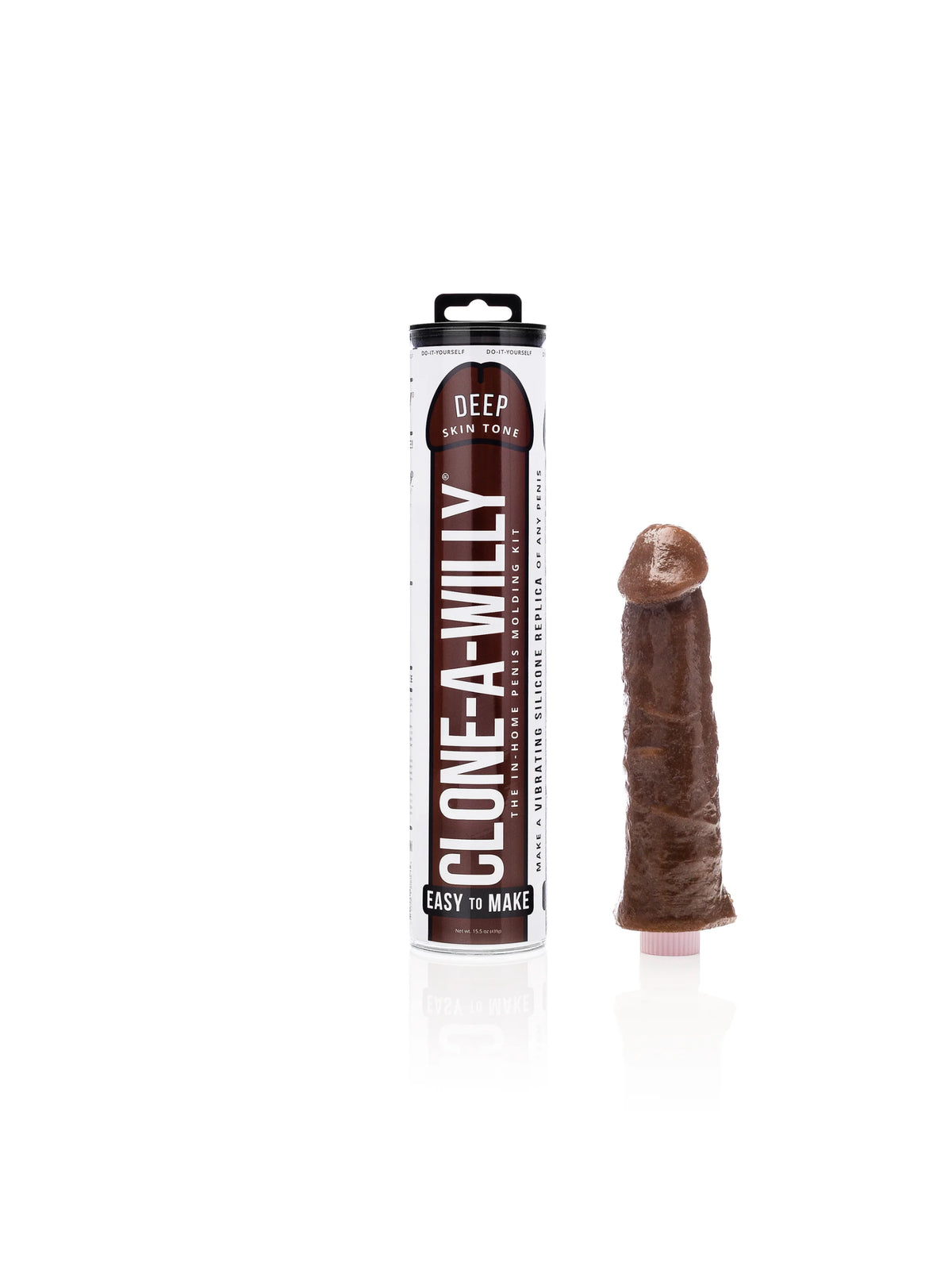 A detailed look at the Clone-A-Willy Deep Skin Tone DIY casting kit, showcasing premium medical-grade silicone alongside a single-speed vibrator for a bespoke finish.