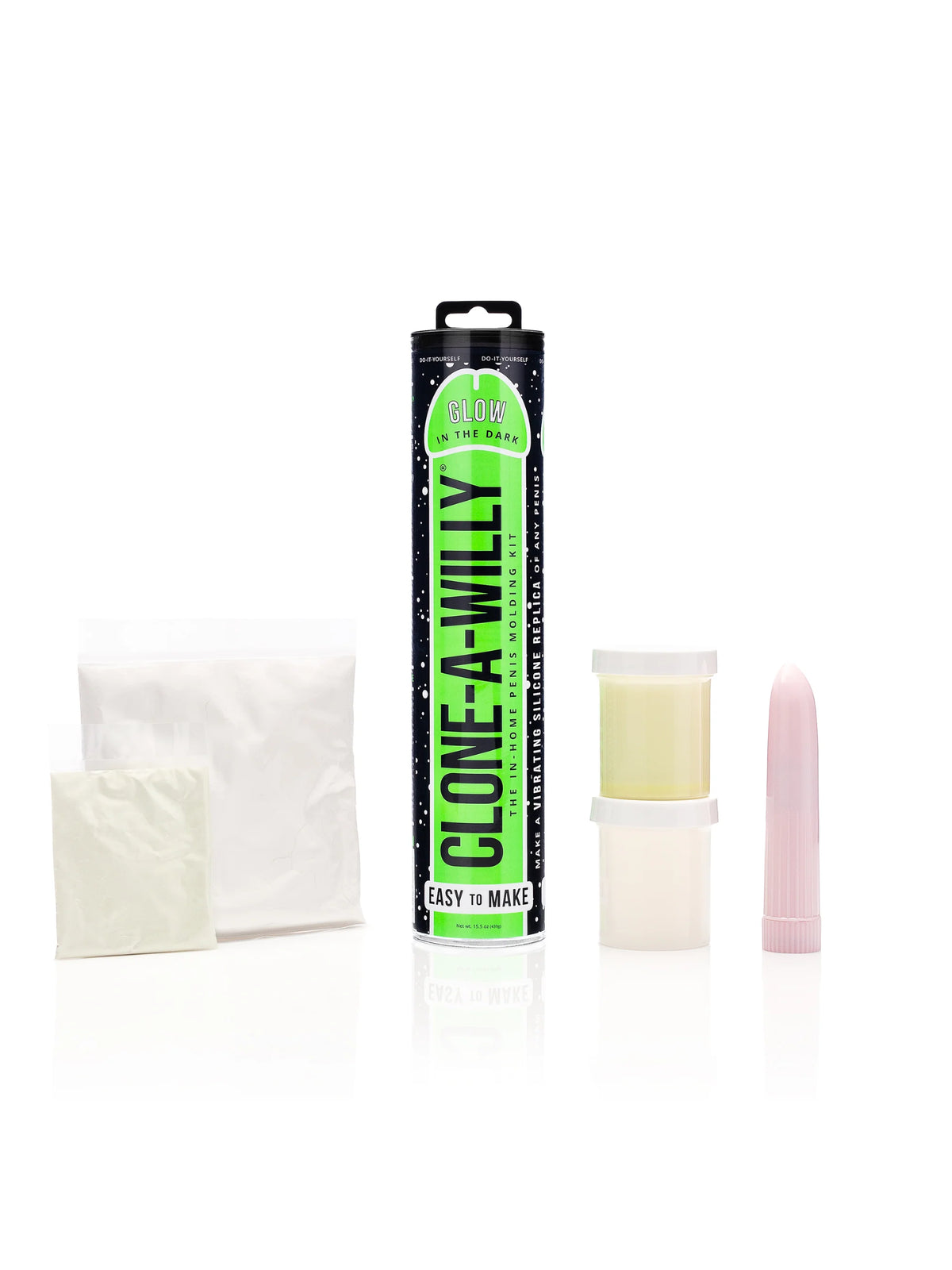 The Clone-A-Willy Glow In The Dark DIY casting kit elements, highlighting the specialized pink glow silicone and integrated single-speed vibrator.