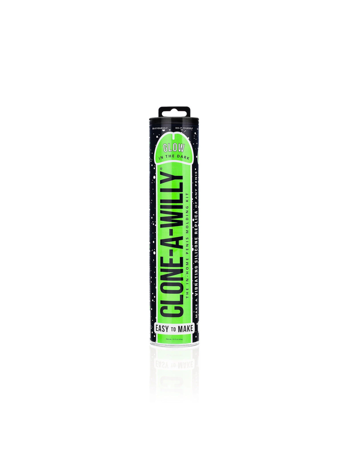 The Clone-A-Willy Glow In The Dark DIY casting kit elements, highlighting the specialized pink glow silicone and integrated single-speed vibrator.