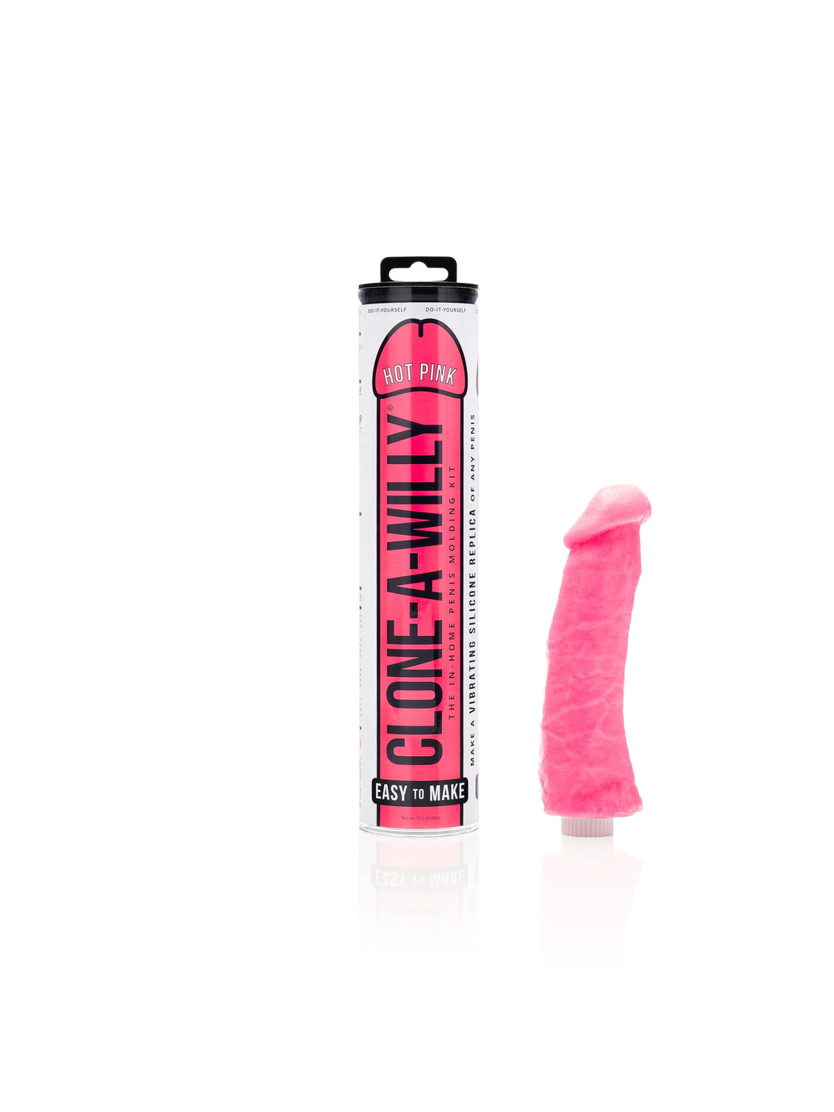 A comprehensive view of the Clone-A-Willy Hot Pink DIY casting kit, displaying premium medical-grade silicone and a single-speed vibrator designed for personalized intimate use.