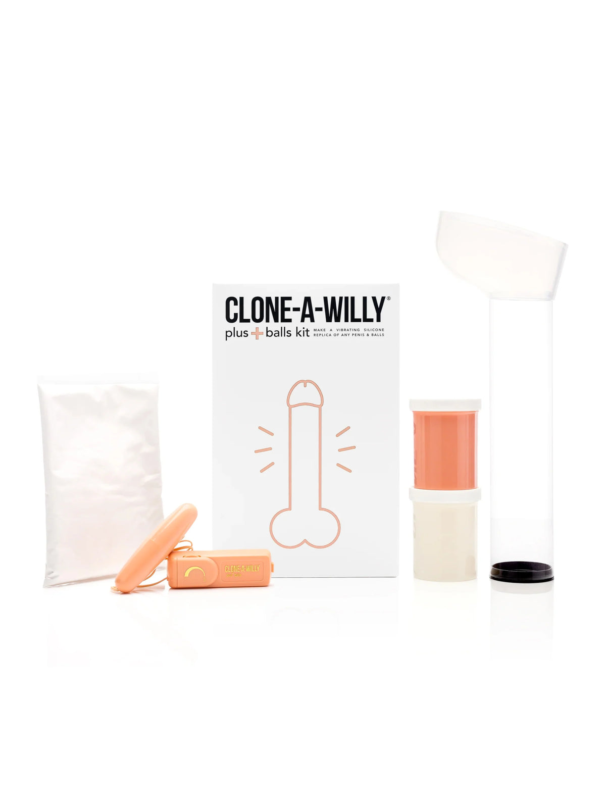 The complete Clone-A-Willy Plus Balls DIY casting kit in Light Tone, featuring a premium molding tube and a customizable multi-speed corded vibrator.
