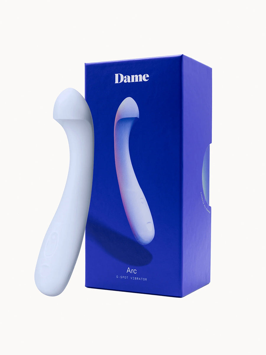 Dame Arc ergonomic internal G-spot vibrator with a squishy bulb and curved handle.