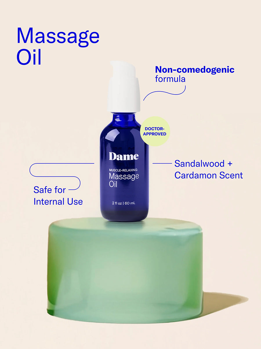 Dame plant-based sensory massage oil infused with jojoba and sweet almond for intimate foreplay.