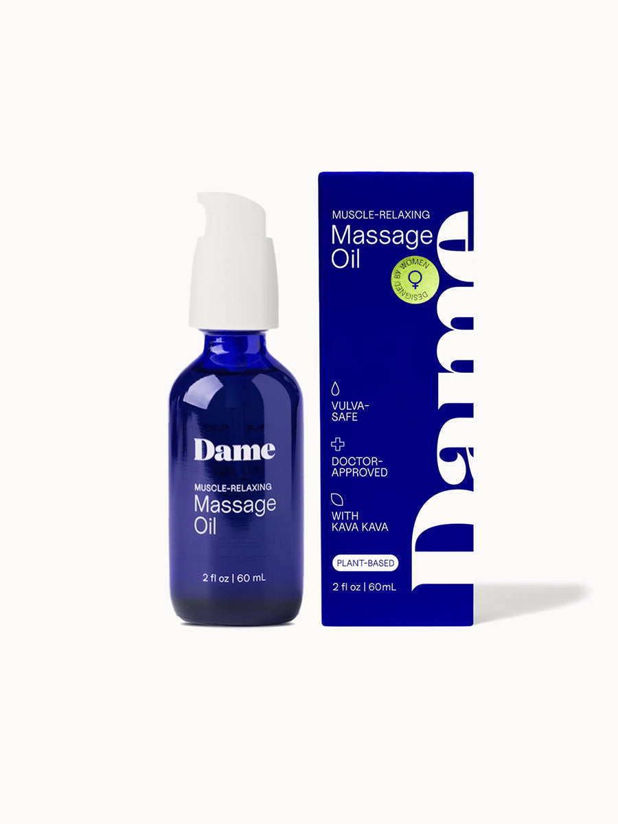 Dame plant-based sensory massage oil infused with jojoba and sweet almond for intimate foreplay.