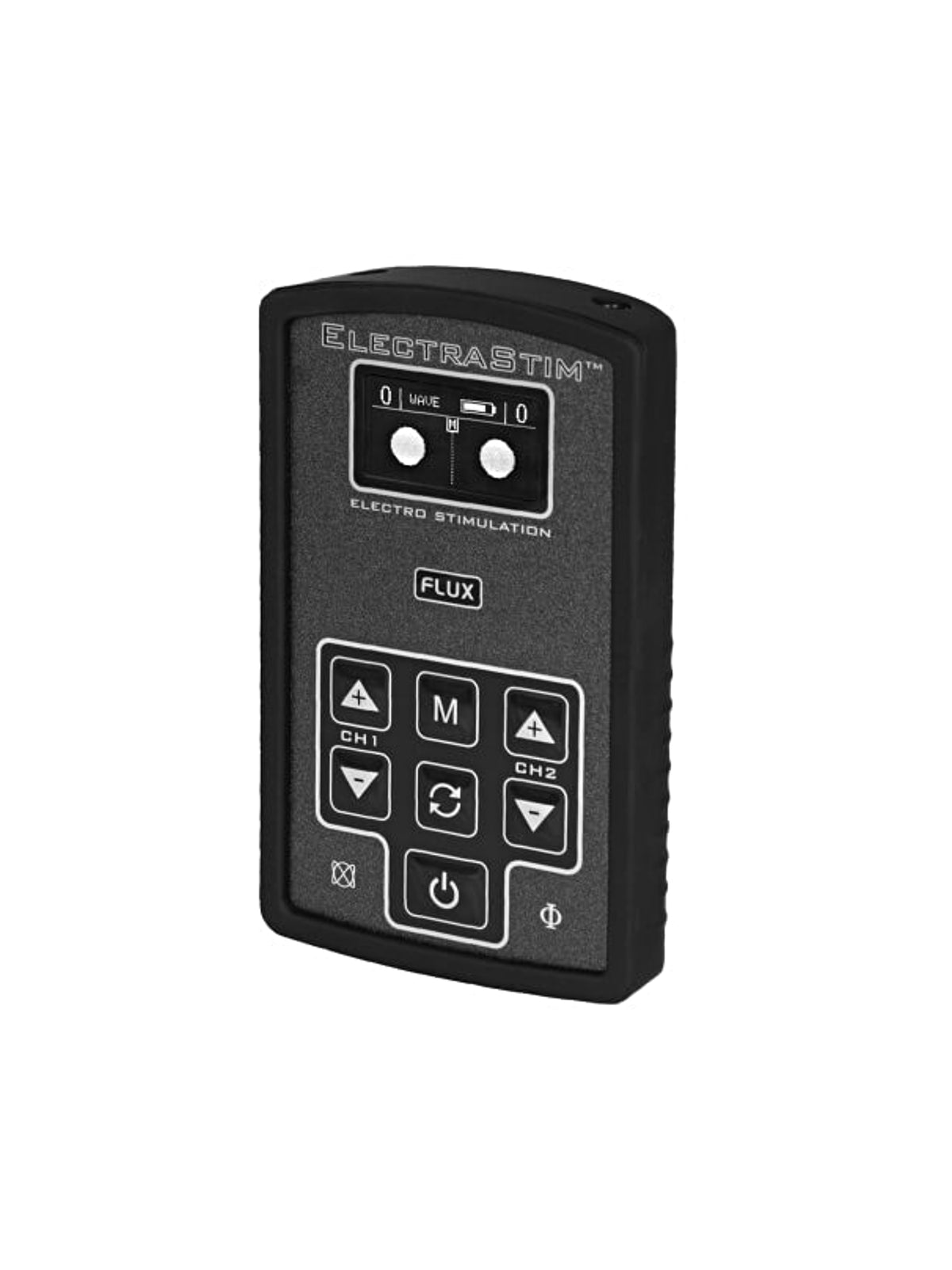 ElectraStim Flux dual channel stimulator featuring an OLED display, motion control, and premium electro-pads for sensory wellness.