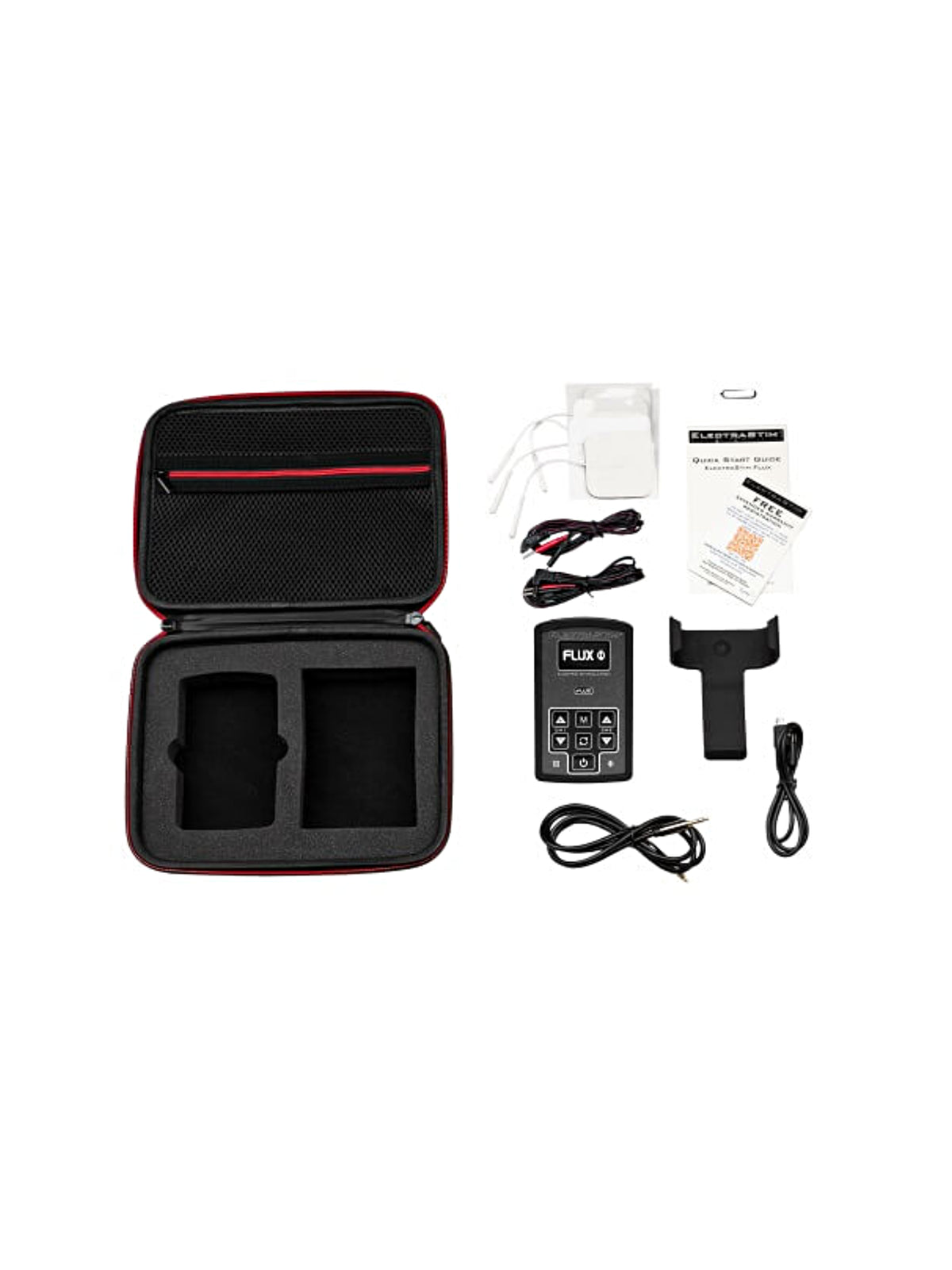 ElectraStim Flux dual channel stimulator featuring an OLED display, motion control, and premium electro-pads for sensory wellness.