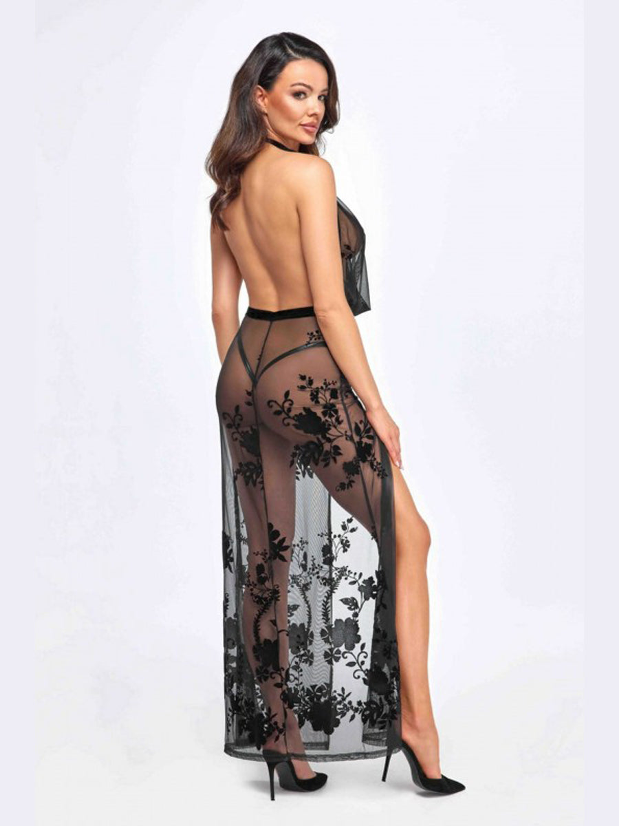 Divinity Long Flocked Mesh Dress with Open Back