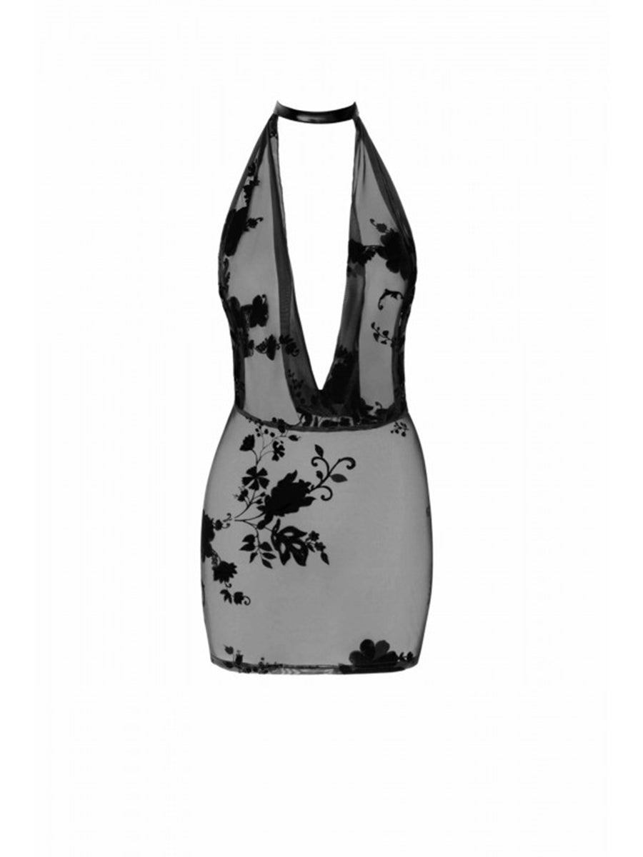 Mythos Mini Flocked Mesh Dress with Jewelry Rhinestone Chain