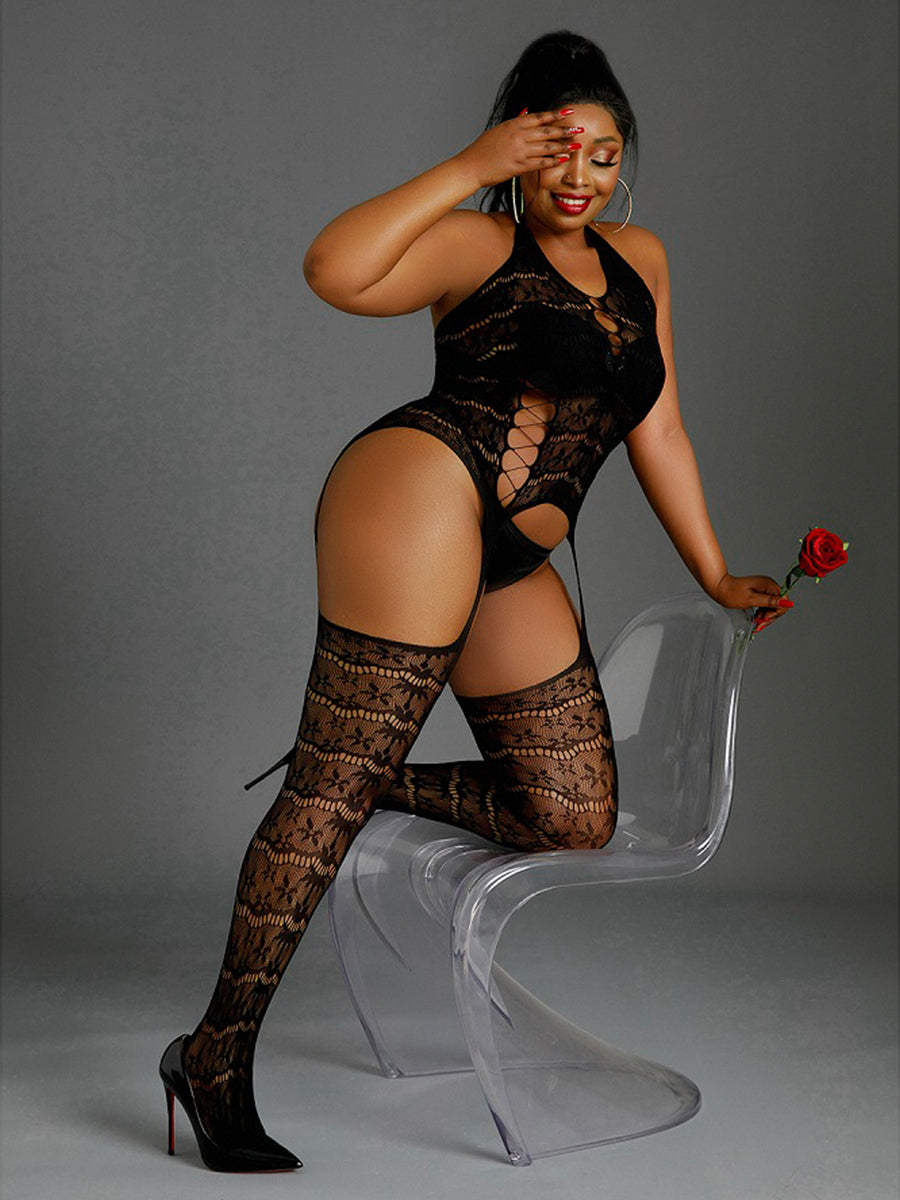 Black Halter Suspender Bodystocking Plus Size