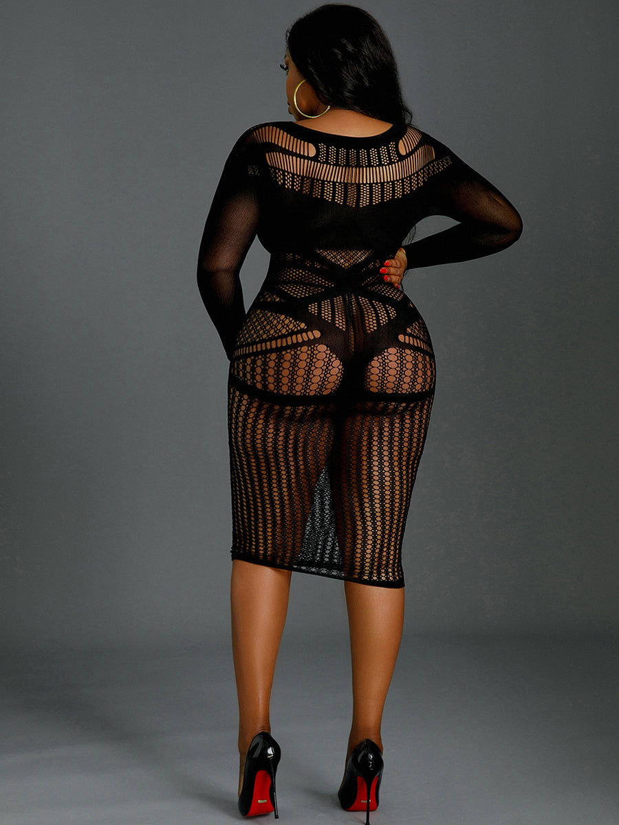 Long Sleeve Lace Dress Black Plus Size