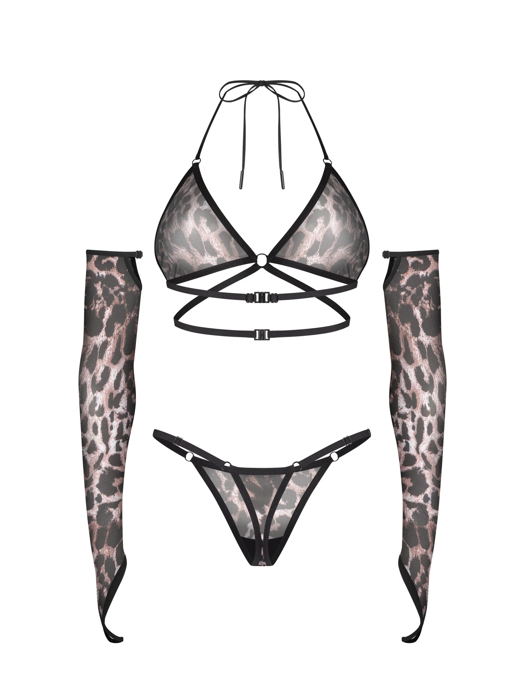 Obsessive Addia 3-piece leopard print lingerie set featuring a soft bra, minimalist thong, and sheer theatrical gloves.