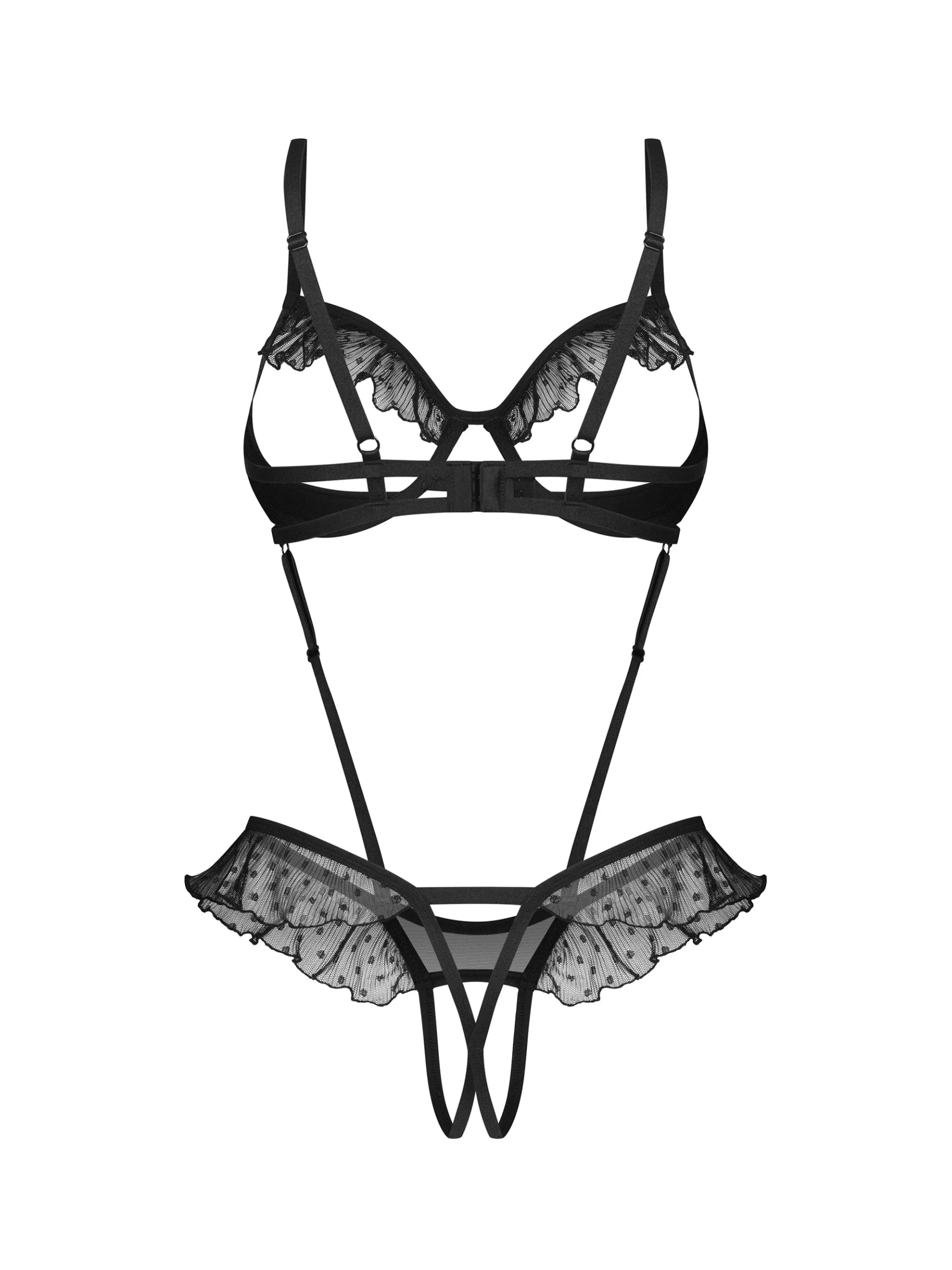 Obsessive Carrola cupless crotchless bodysuit crafted from sheer polka-dot mesh with ruffled trims.