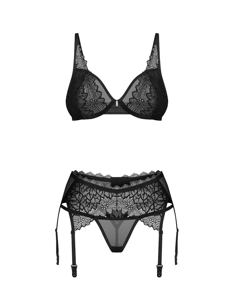 Obsessive Deina More 3-piece black lace lingerie set including an underwired bra, structural suspender belt, and matching thong.