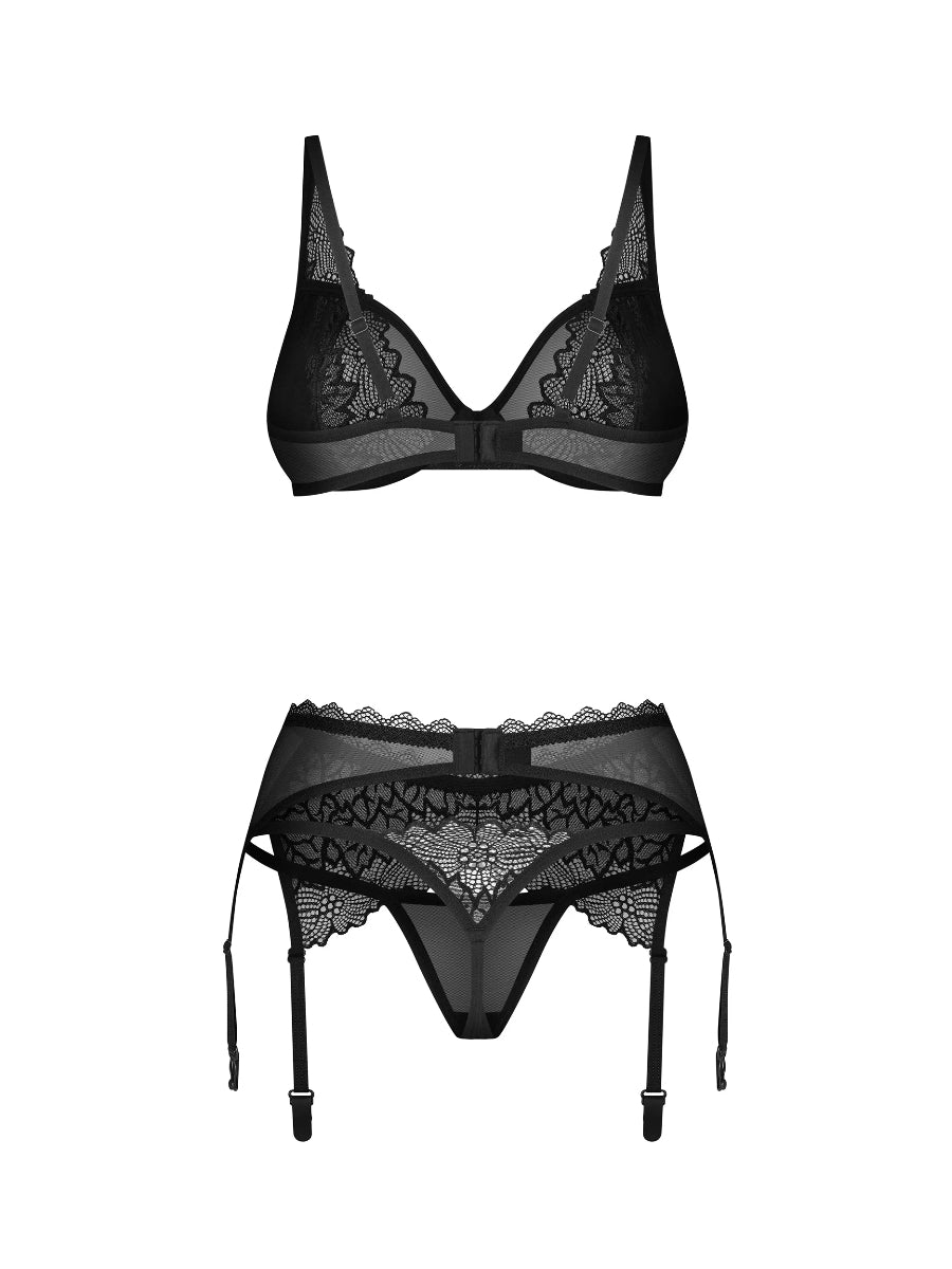 Obsessive Deina More 3-piece black lace lingerie set including an underwired bra, structural suspender belt, and matching thong.