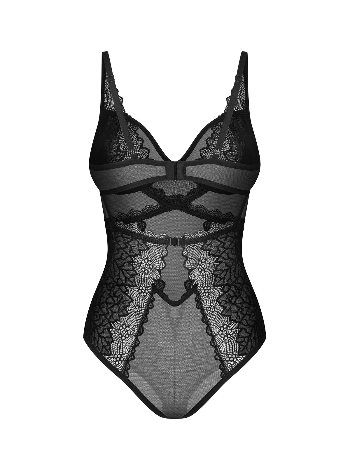 Obsessive Deina More black lace bodysuit featuring a figure-enhancing cut and a dramatic cutout back.