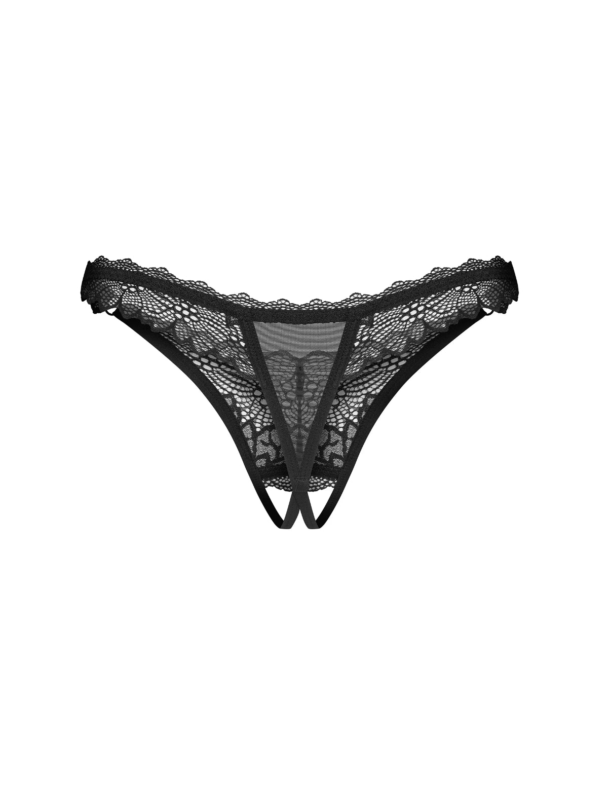 Obsessive Deina More black lace crotchless thong designed for a minimalist, flattering fit.