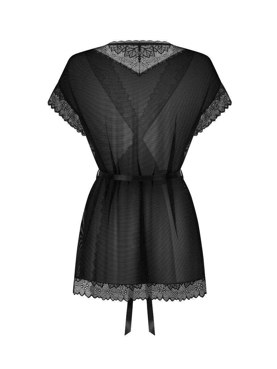 Obsessive Deina More sheer black robe featuring delicate lace trim, fluid draping, and an adjustable waist tie.