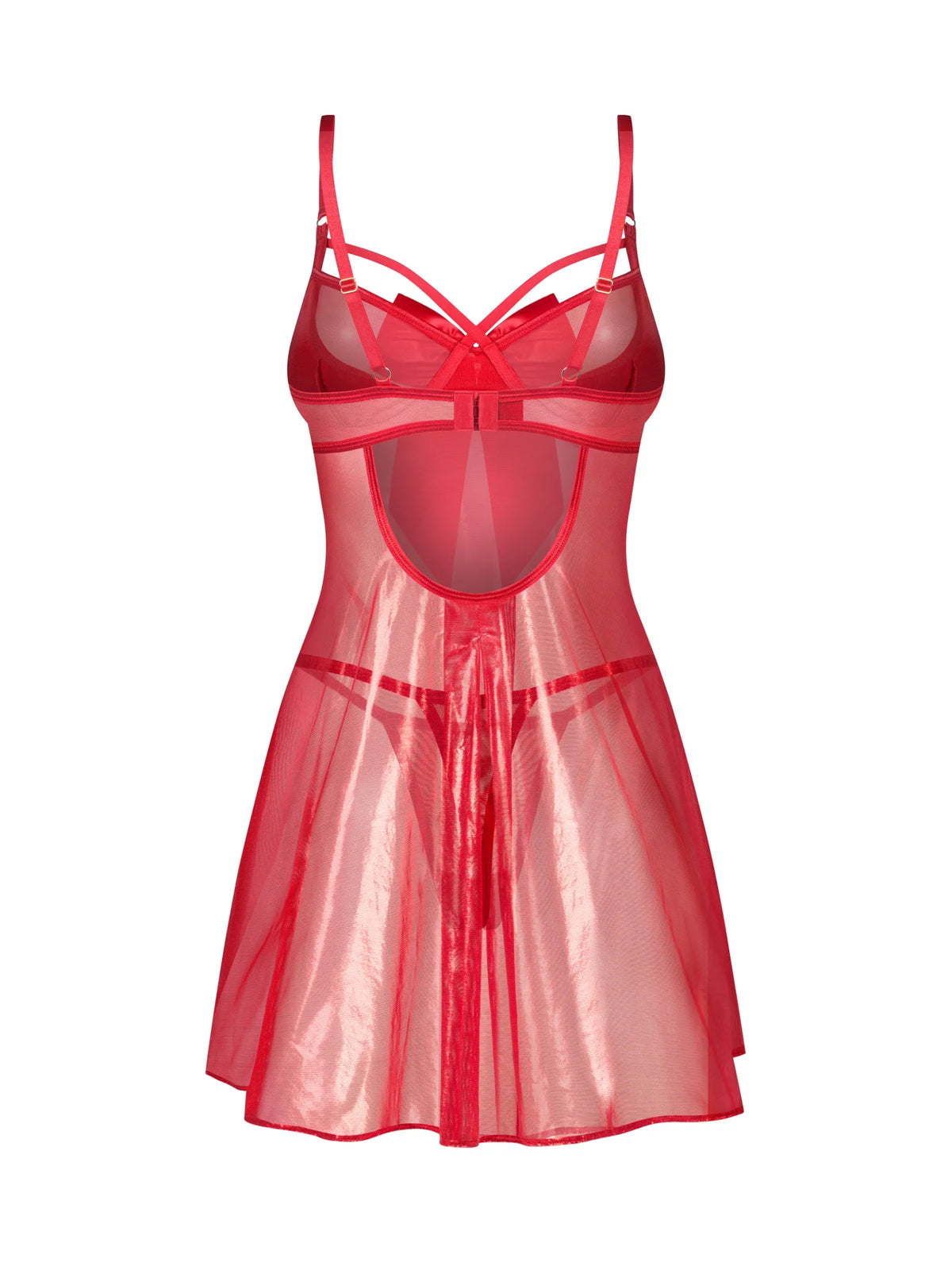 Obsessive Gifty Red babydoll set featuring shimmering sheer fabric, padded cups, and an elegant satin bow.