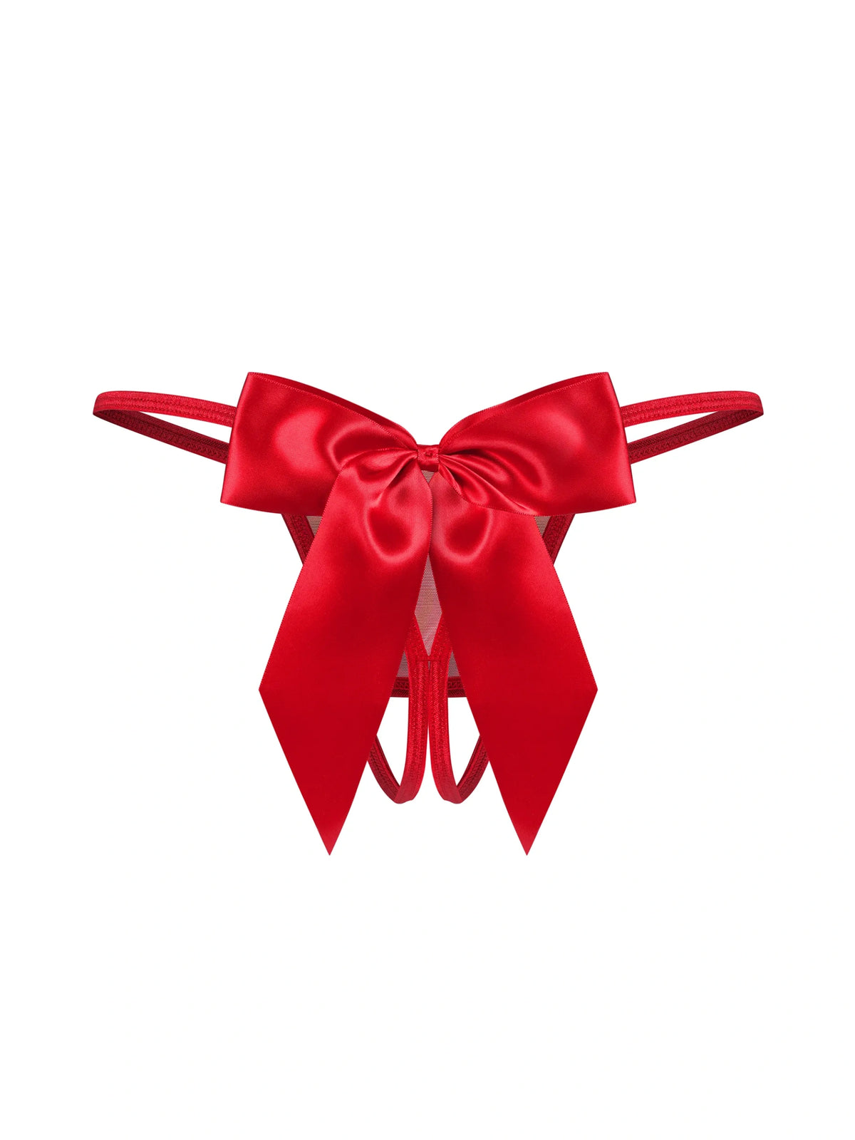 Obsessive Gifty Red crotchless open thong crafted from shimmering fabric and adorned with elegant satin bows.