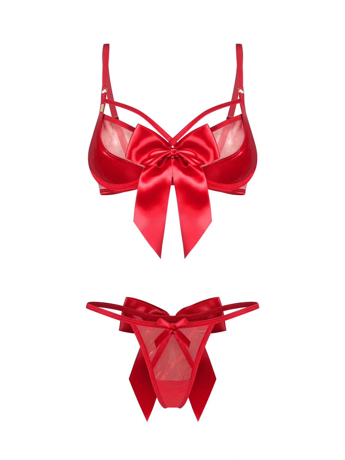 Obsessive Gifty Red 2-piece lingerie set featuring a padded underwired bra, shimmering sheer fabric, and elegant satin bows.