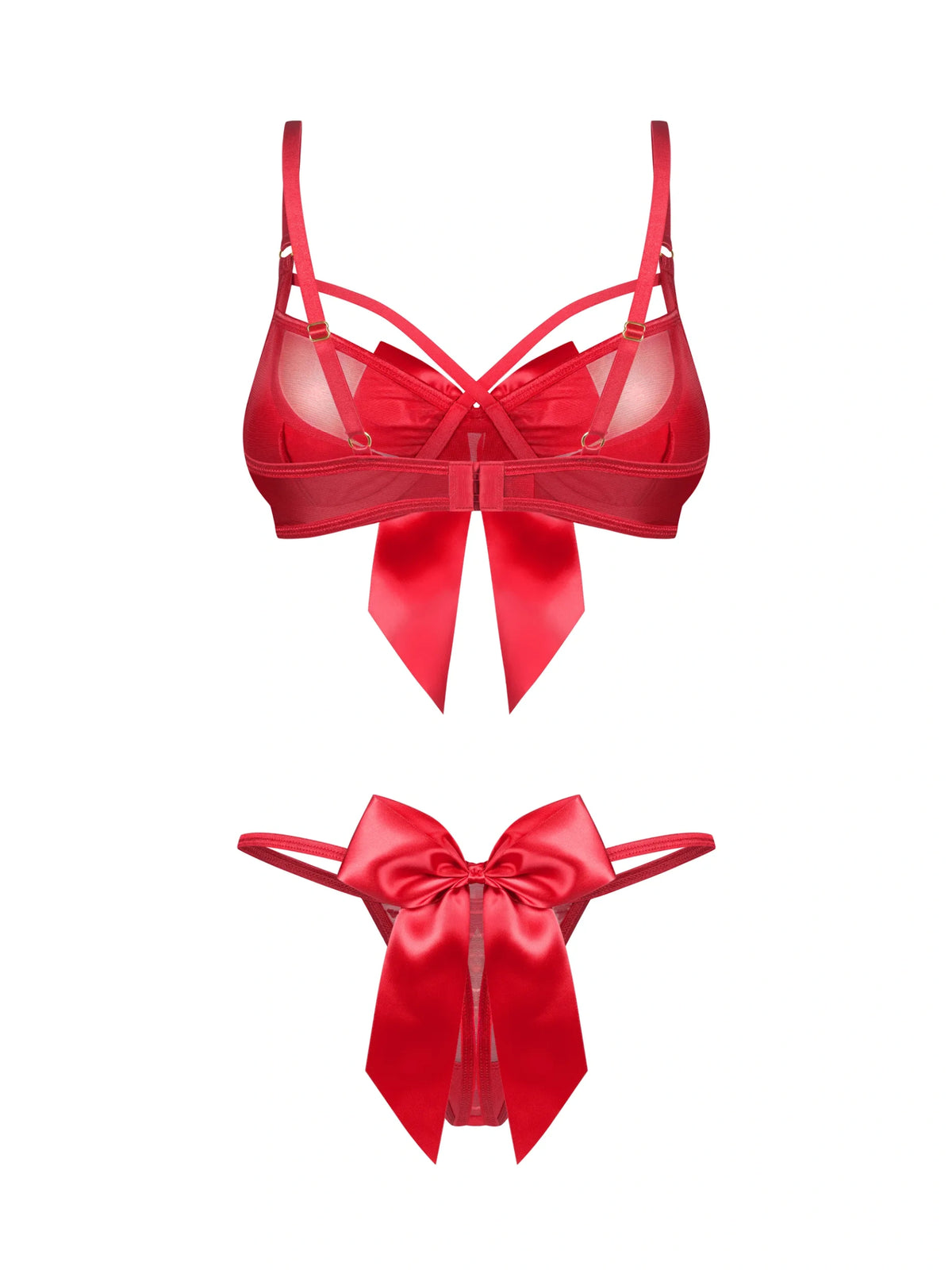 Obsessive Gifty Red 2-piece lingerie set featuring a padded underwired bra, shimmering sheer fabric, and elegant satin bows.