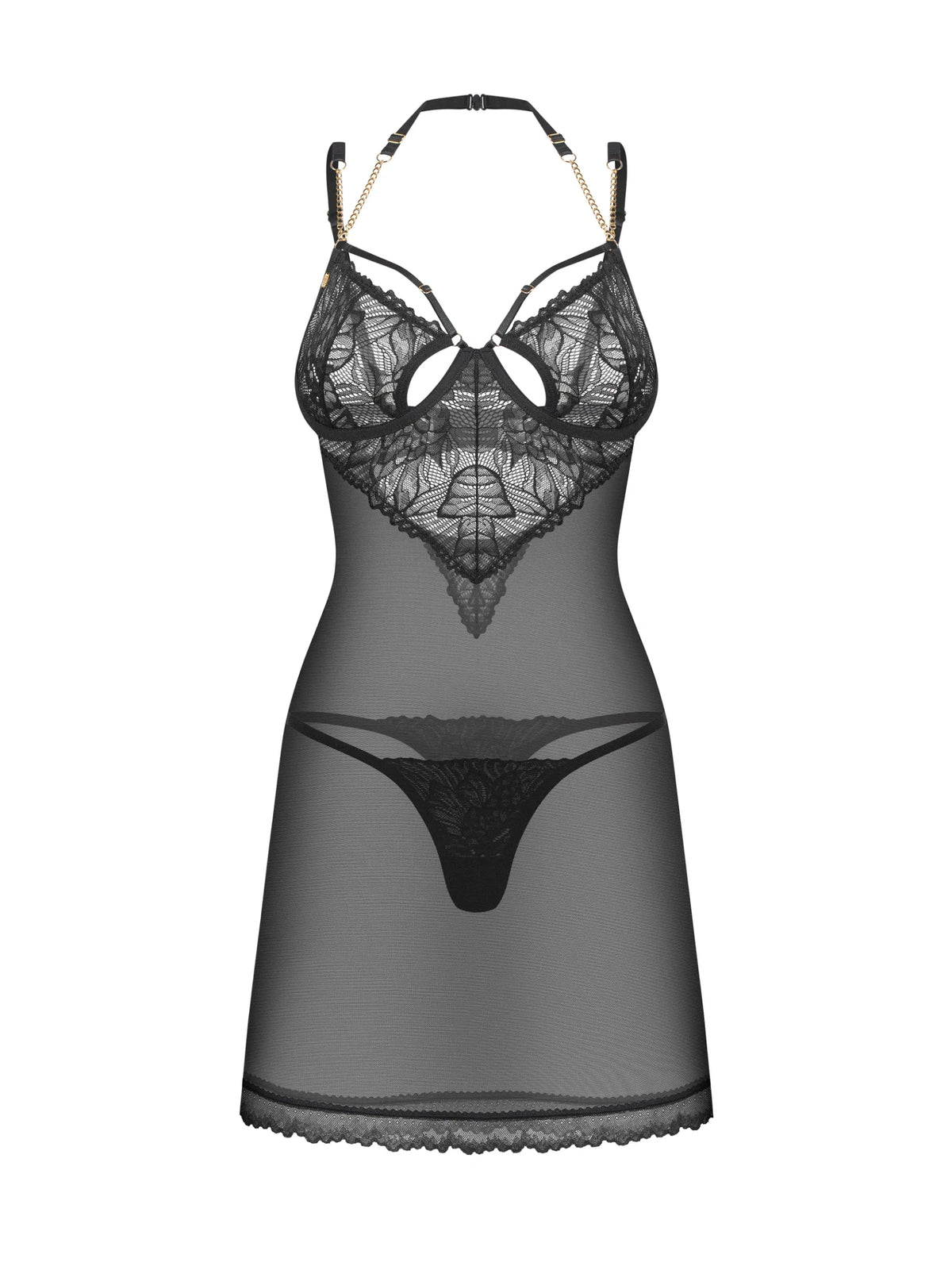 Obsessive Matildea Black chemise and thong set featuring delicate lace, underwired cups, and decorative chains.