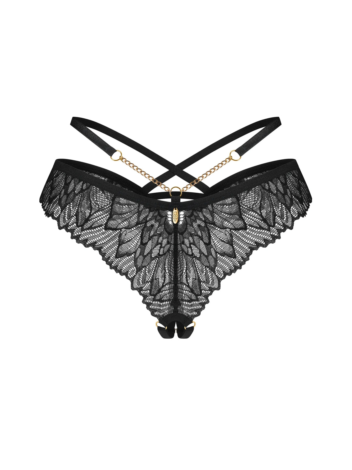 Obsessive Matildea Black crotchless thong featuring rich lace, waist-enhancing straps, and jewellery-inspired metal chains.