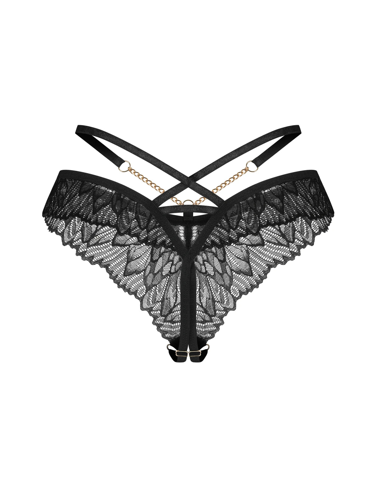 Obsessive Matildea Black crotchless thong featuring rich lace, waist-enhancing straps, and jewellery-inspired metal chains.