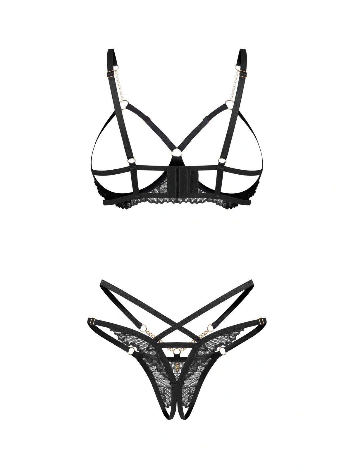 Obsessive Matildea Black 2-piece lingerie set featuring a cupless underwired bra and a crotchless thong with decorative chains.