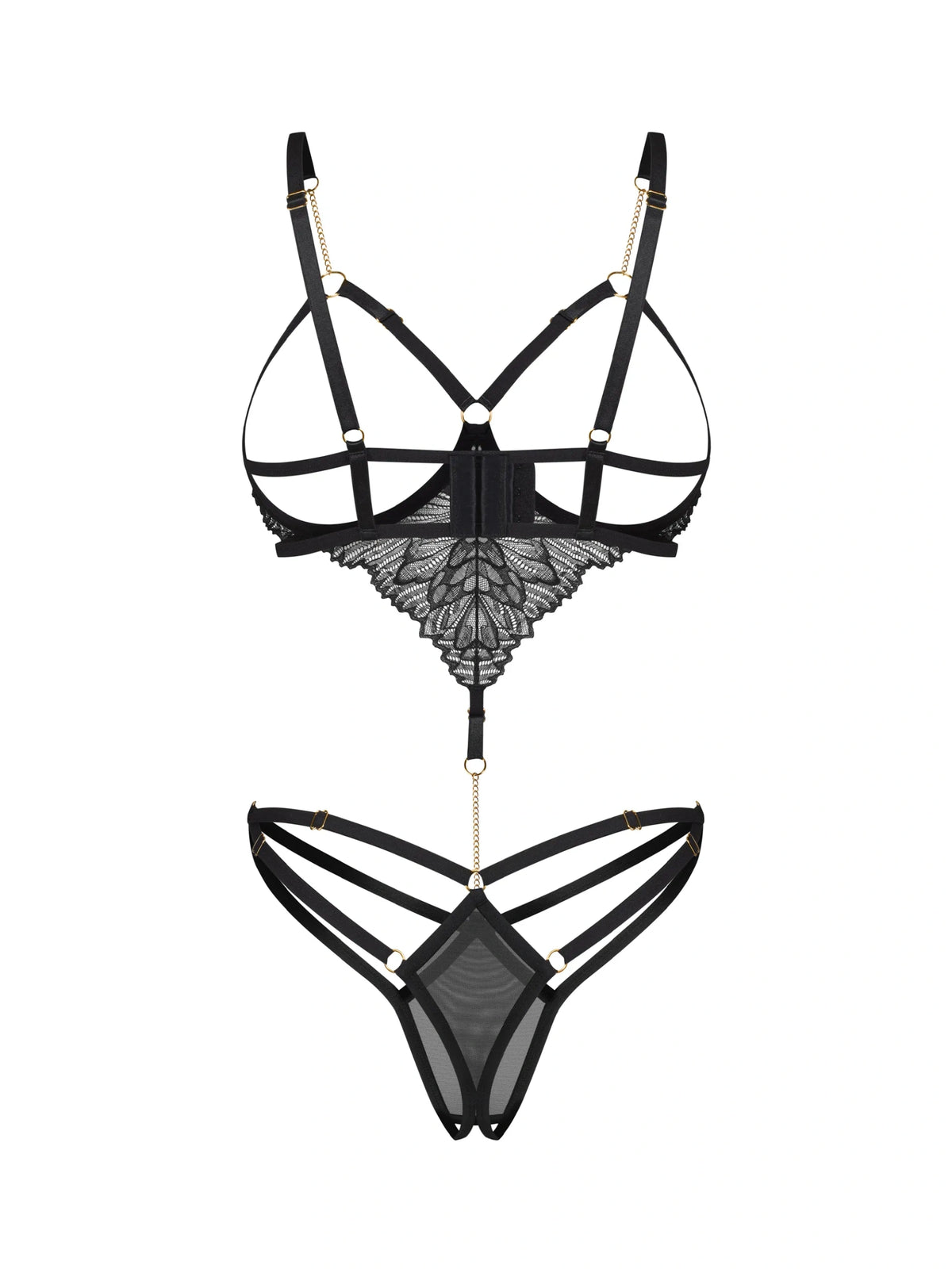 Obsessive Matildea Black open bodysuit featuring underwired open cups, delicate lace, and crotchless design with gold details.