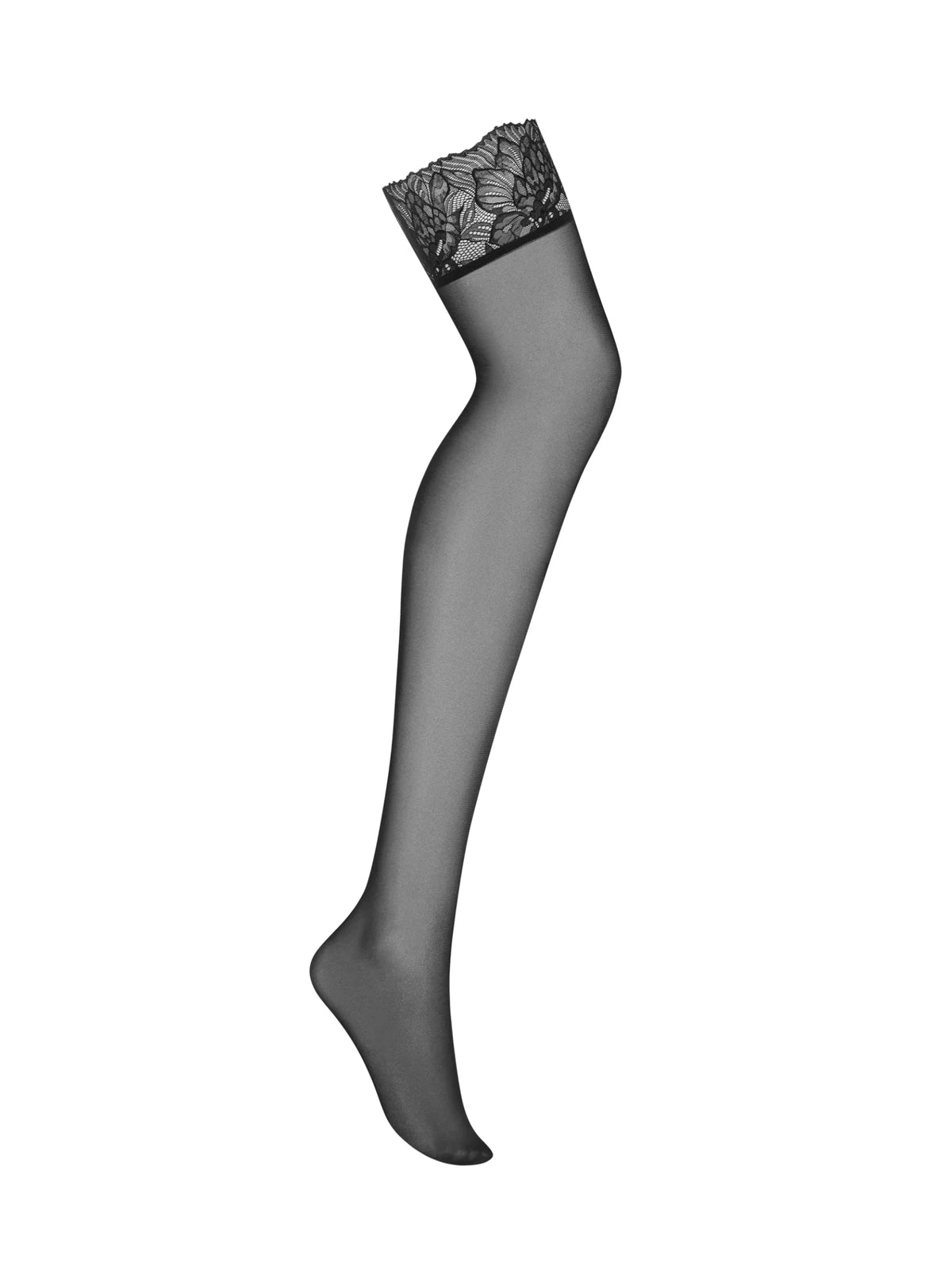 Obsessive Matildea Black stay-up stockings featuring a wide lace top and stretchy comfortable fabric.