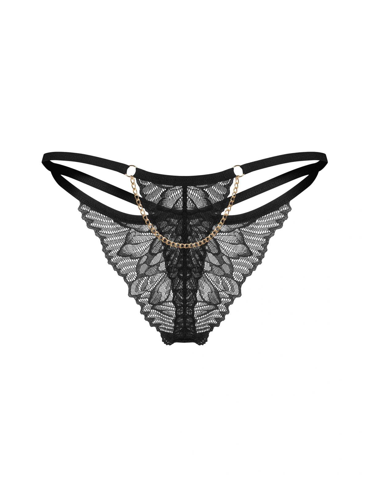 Obsessive Matildea Black classic thong featuring delicate lace, slim hip straps, and a decorative gold-tone chain.