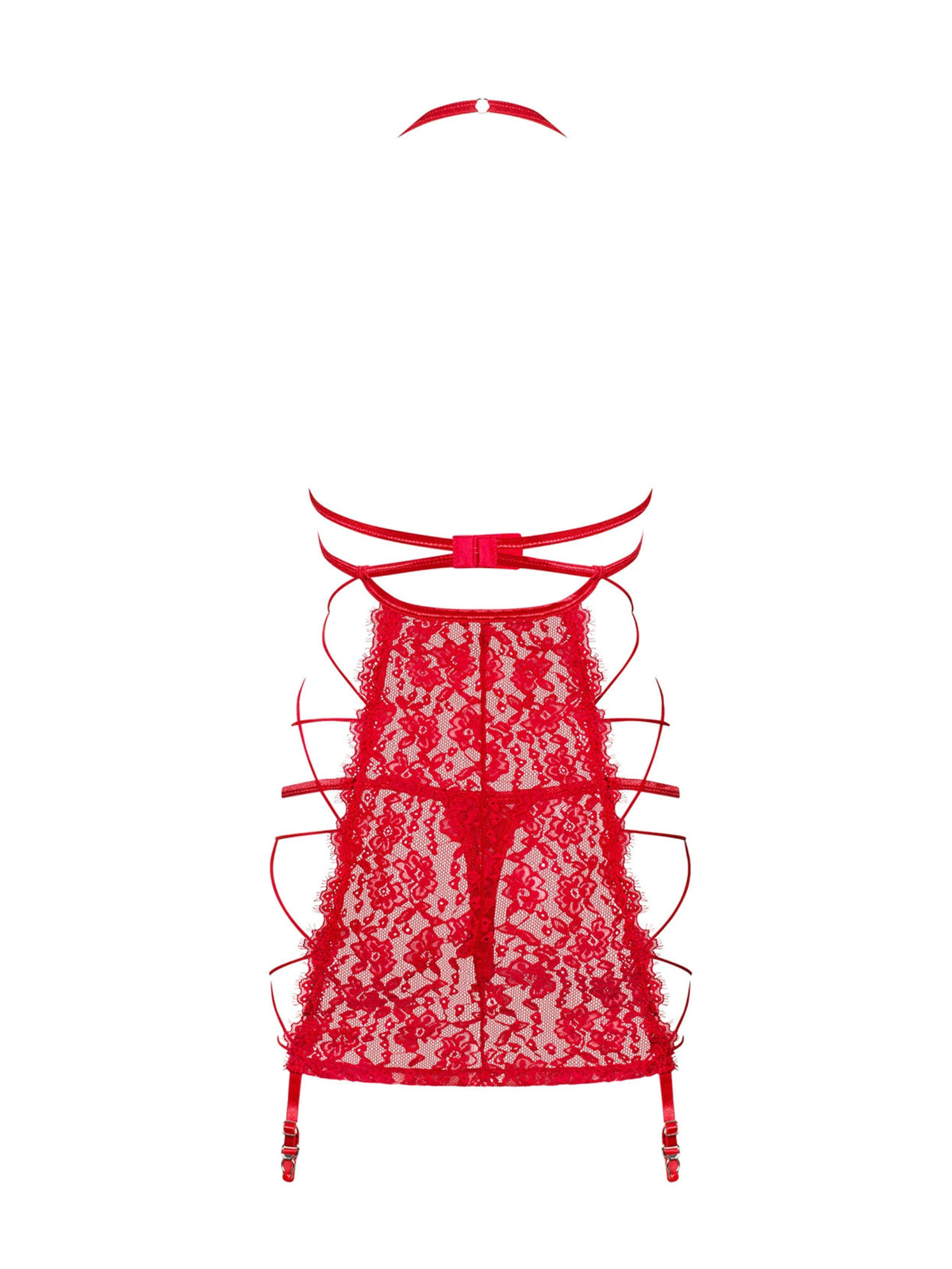 Obsessive Rediosa red sheer chemise featuring open cups, delicate lace, and adjustable structural straps.