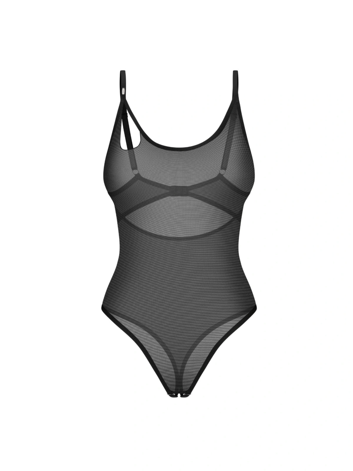 Obsessive Saturis crotchless black teddy featuring sheer mesh, decorative trim, and striking asymmetrical cutouts at the front and back.