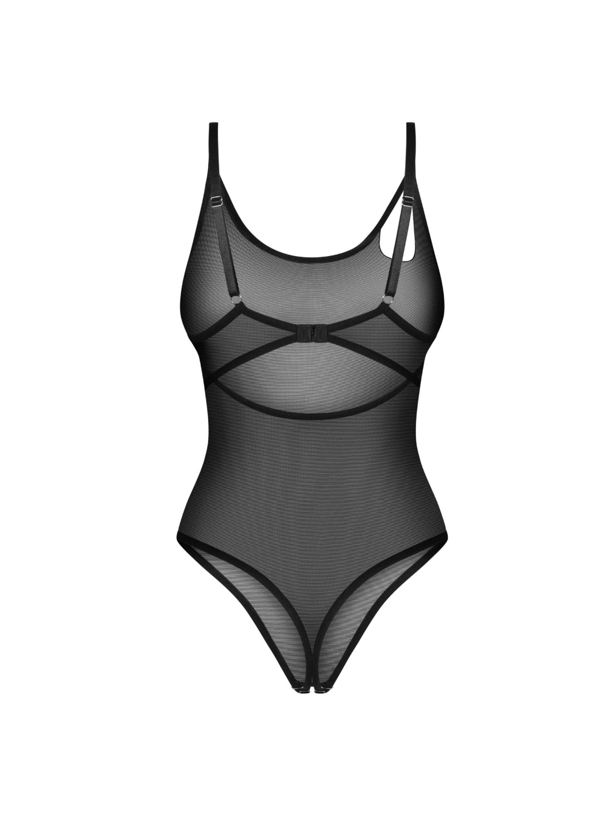 Obsessive Saturis crotchless black teddy featuring sheer mesh, decorative trim, and striking asymmetrical cutouts at the front and back.