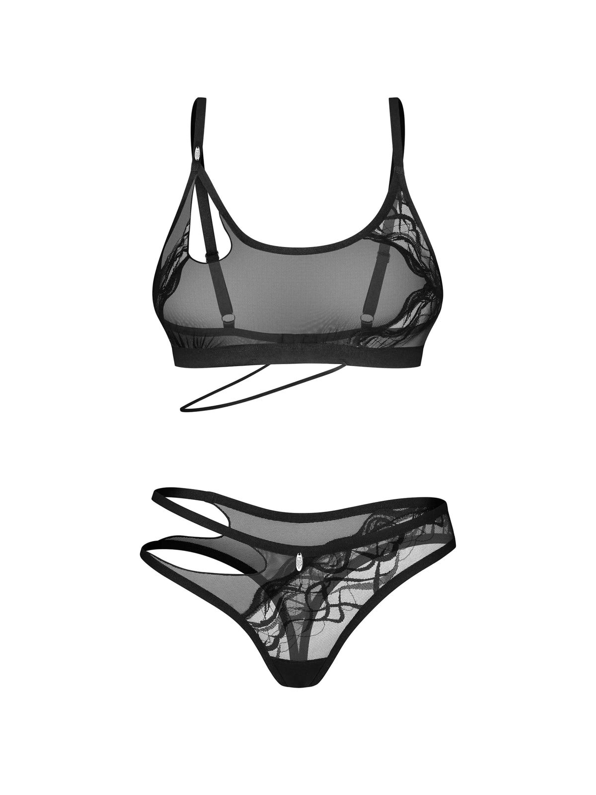 Obsessive Saturis 2-piece black lingerie set featuring a wire-free mesh bra with delicate lace accents and a matching thong.