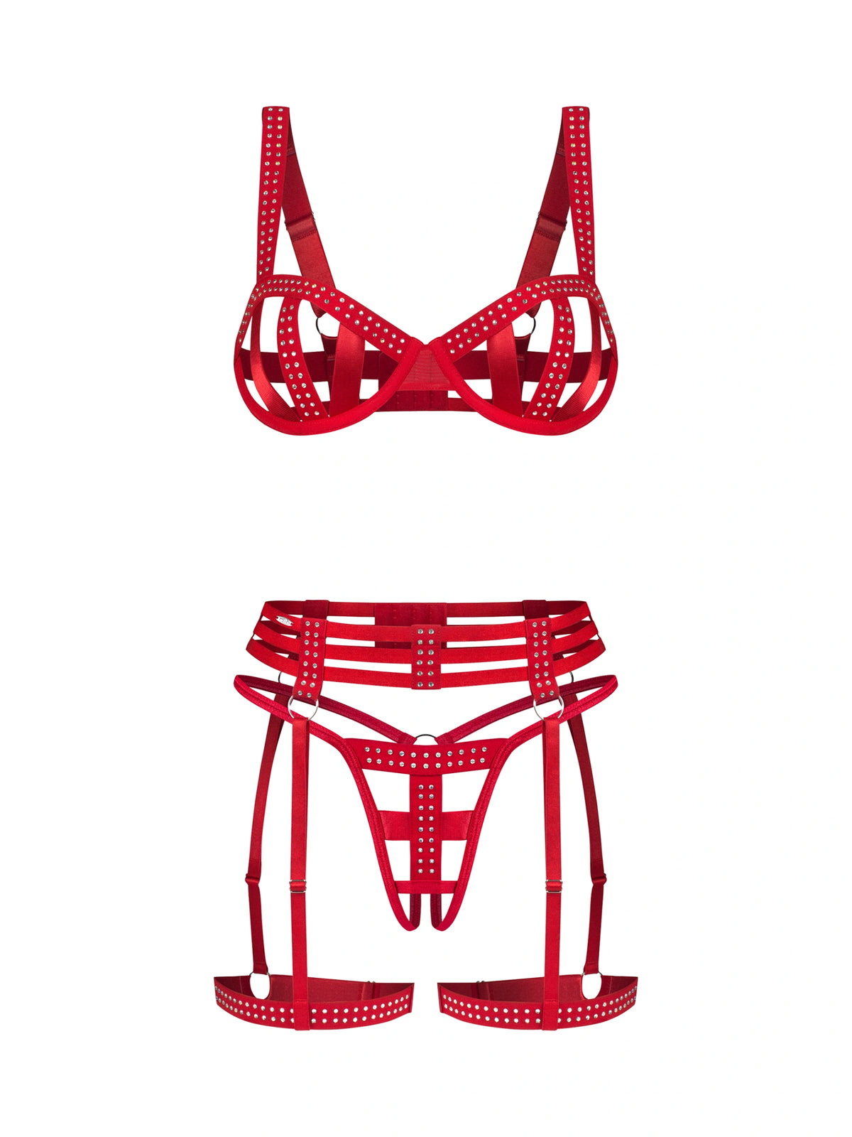 Model wearing Obsessive Shiny Obsession red open lingerie set featuring delicate rhinestone embellishments and adjustable strappy details.
