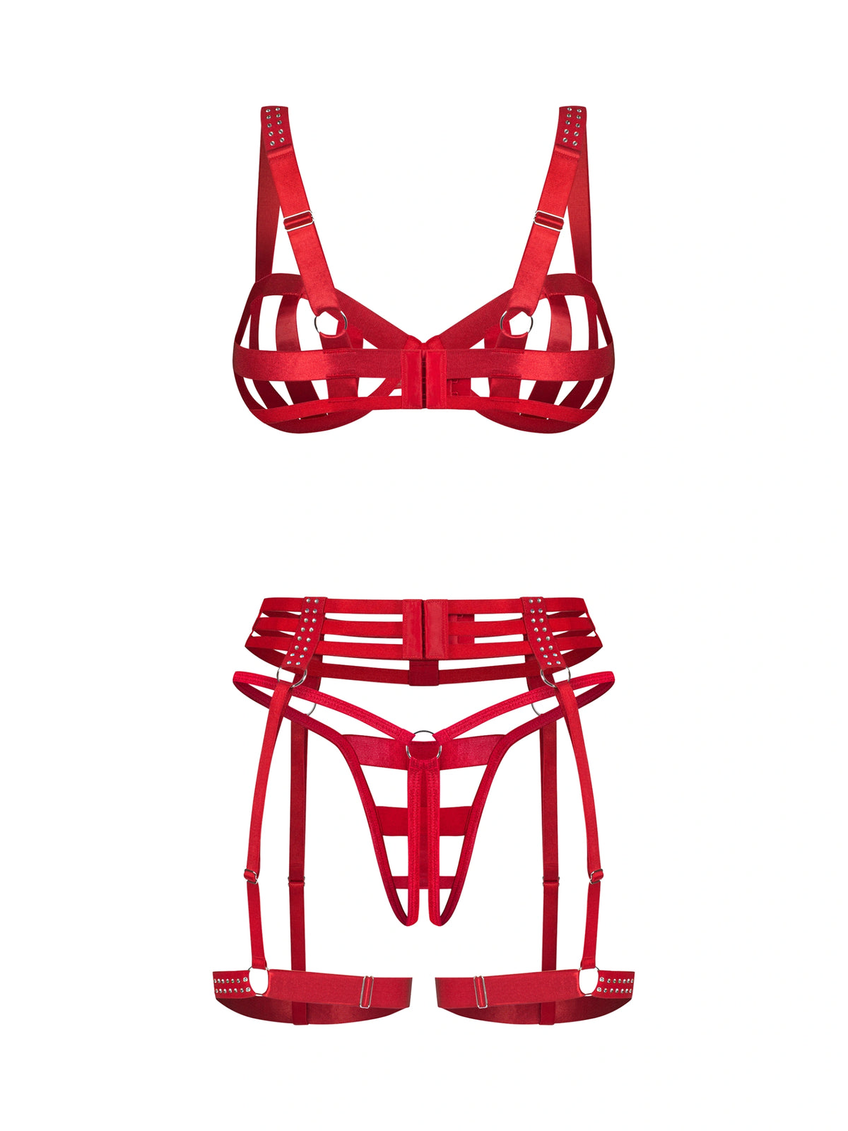 Model wearing Obsessive Shiny Obsession red open lingerie set featuring delicate rhinestone embellishments and adjustable strappy details.