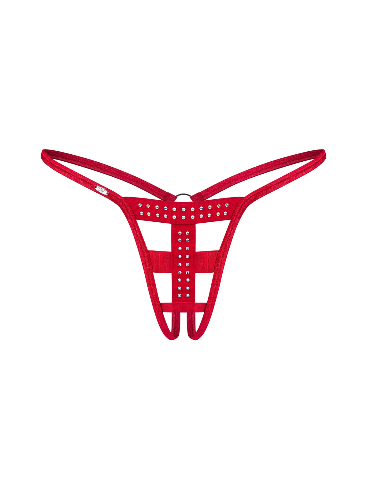 Model wearing Obsessive Shiny Obsession red open thong featuring sparkling rhinestone accents and delicate side straps.