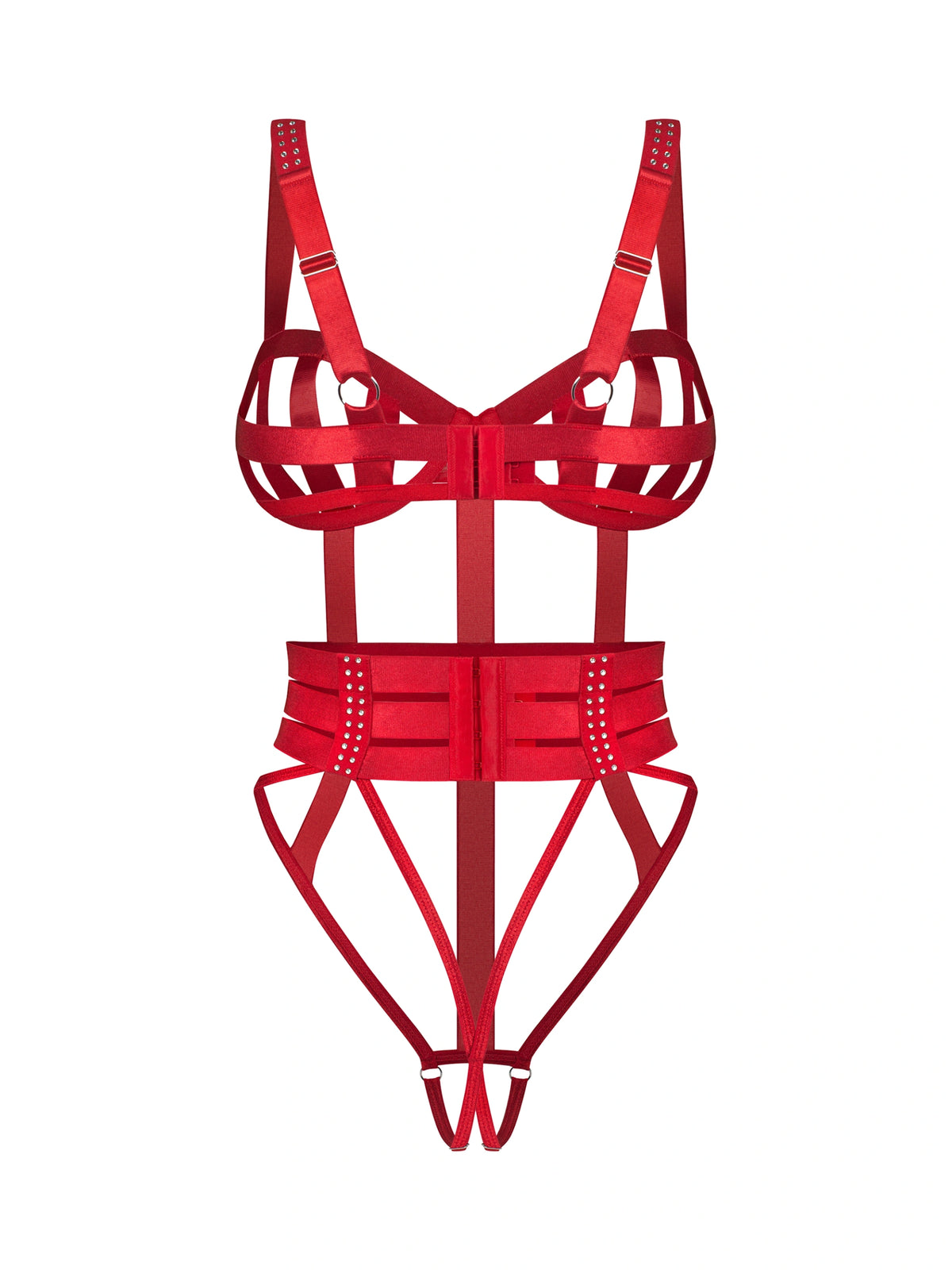 Model wearing Obsessive Shiny Obsession strappy crotchless bodysuit featuring bold cutouts and a refined, figure-enhancing silhouette.