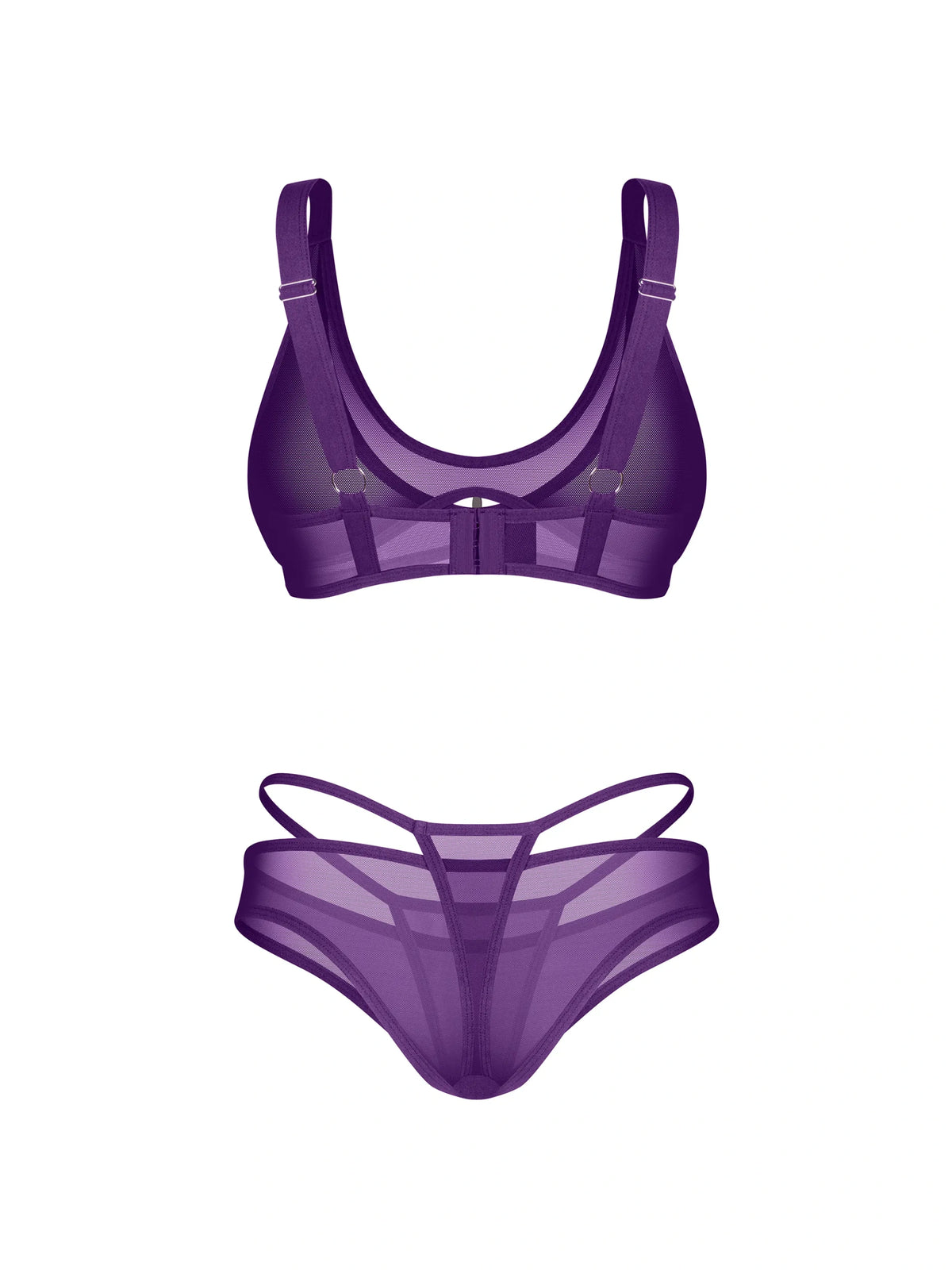 Obsessive Vibres violet 2-piece lingerie set featuring a soft-cup bra, sheer mesh panties with hip cut-outs, and decorative straps.