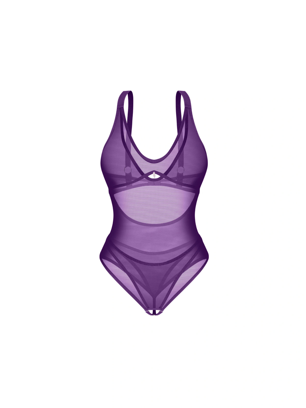 Obsessive Vibres violet teddy crafted from premium mesh, featuring a back cutout, silver pendant, and an open crotch design.