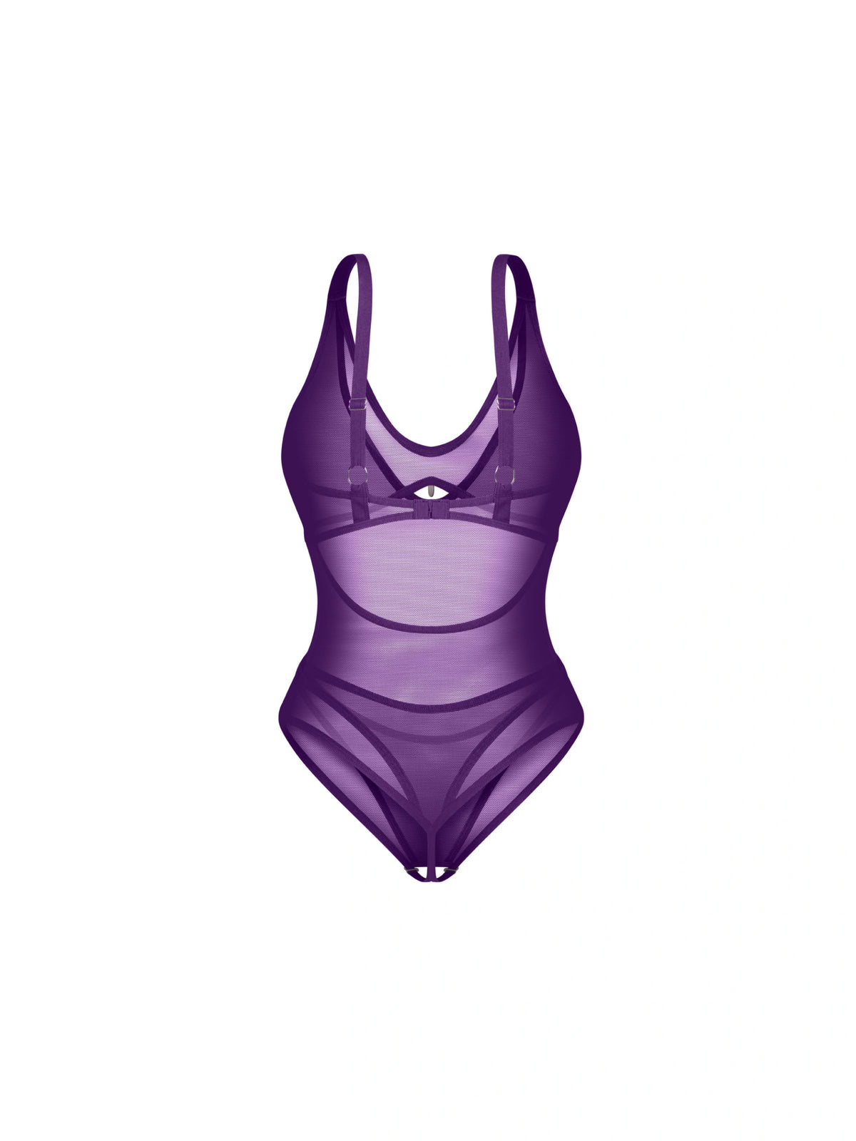 Obsessive Vibres violet teddy crafted from premium mesh, featuring a back cutout, silver pendant, and an open crotch design.