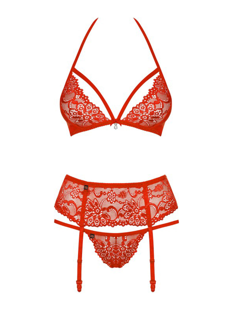 838-SEG 3-Piece Red Lacy Lingerie Set