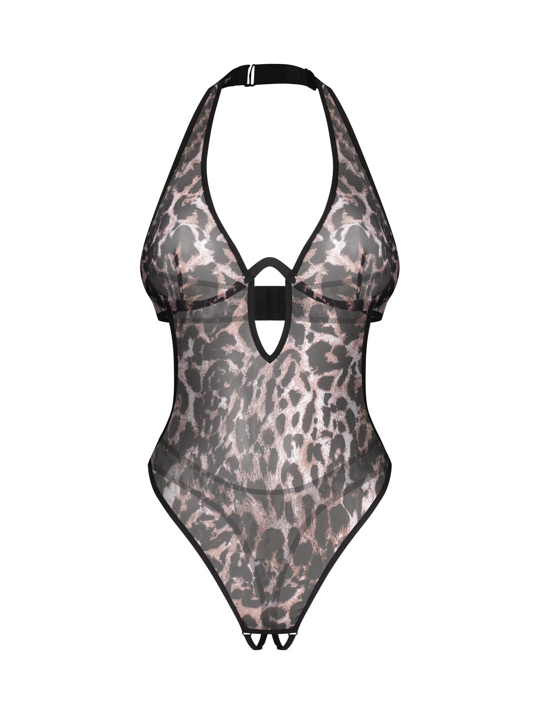 Obsessive Addia leopard print crotchless teddy featuring an open back and decorative keyhole neckline.
