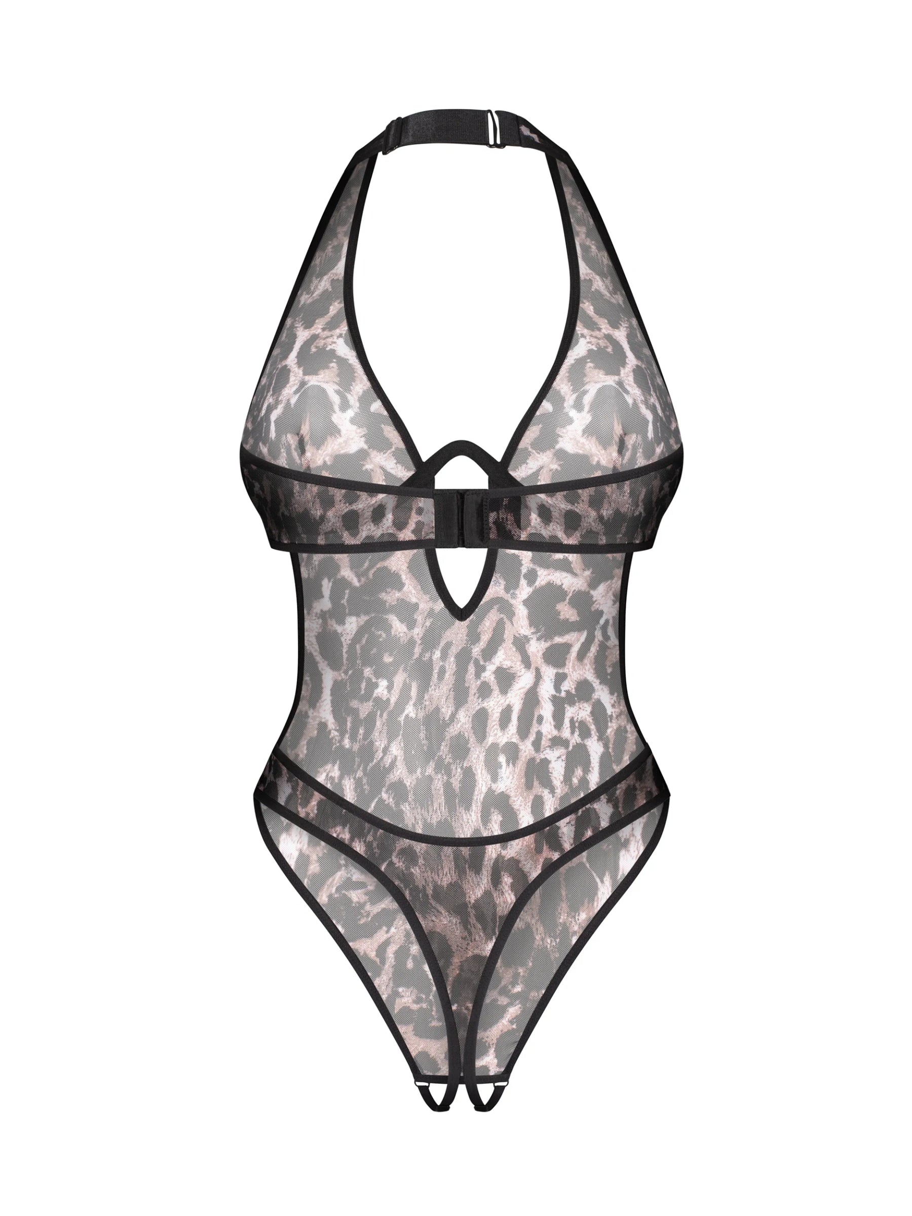 Obsessive Addia leopard print crotchless teddy featuring an open back and decorative keyhole neckline.