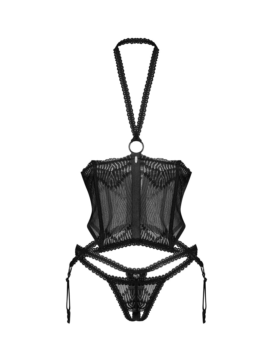 Alliane Cupless Corset and Crotchless thong - Black