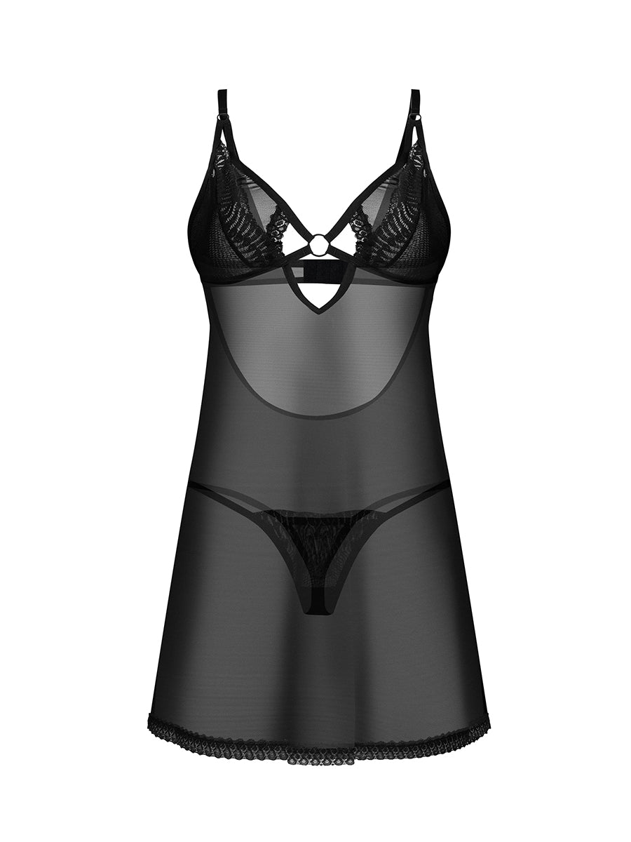 Alliane Sensual See-through Chemise and Thong - Black