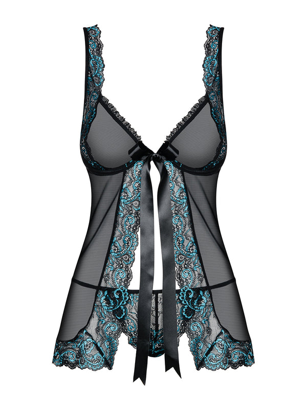 Obsessive Amanta Romantic Babydoll & Thong - Black and Turquoise
