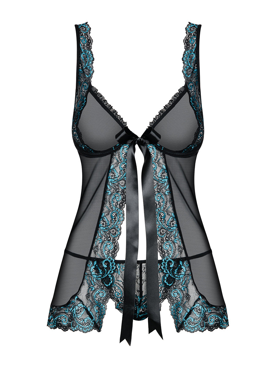 Amanta Romantic Babydoll & Thong - Black and Turquoise